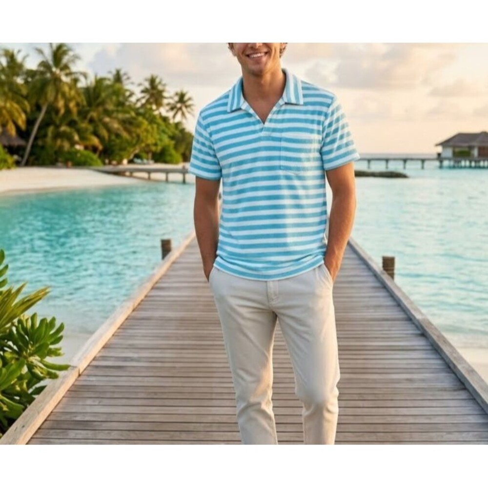 Criquet Terrycloth Striped Men's Polo T-Shirt Printed Short Sleeve Blue M 289984